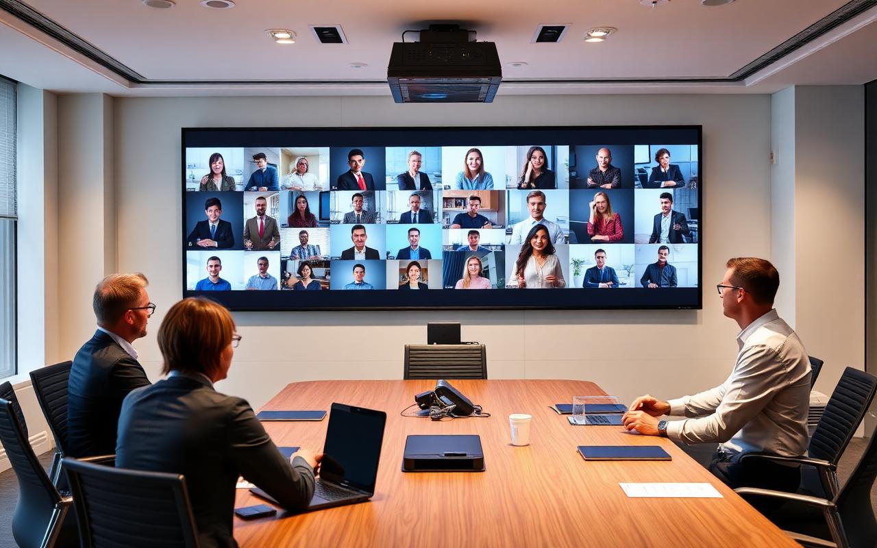 Team in a corporate meeting room on a video call with a large display