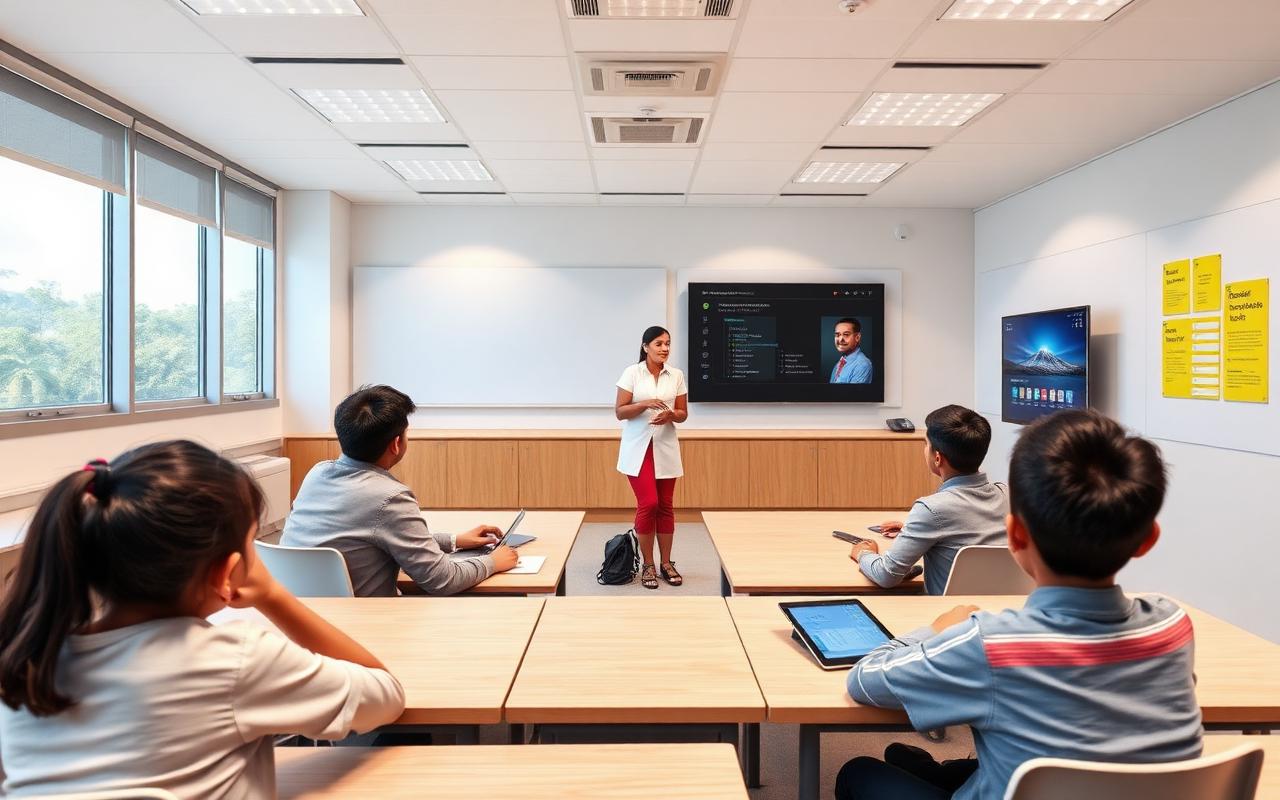 Teacher presenting in a smart classroom with an interactive display