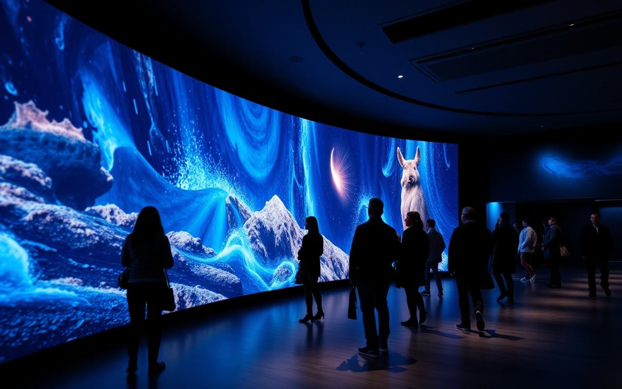 Visitors in front of a curved immersive LED wall in a museum