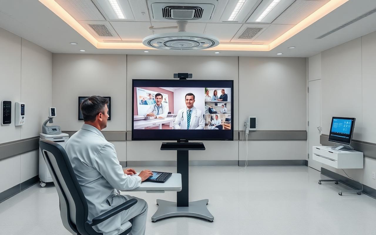 Doctor in a telemedicine room consulting on a large display